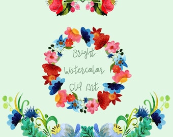 Hand-Painted Watercolor Bright Flowers Clip Art - Digital - Wreath