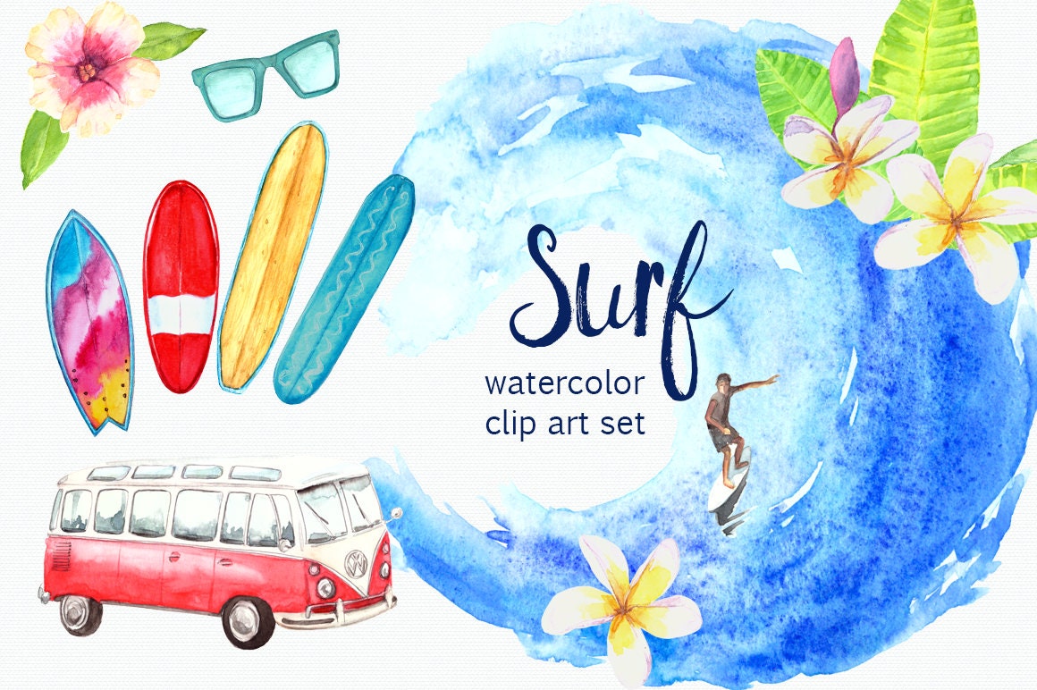 Watercolor Surf Clip Art Set | Etsy