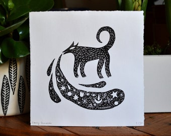 Linocut black and White Wolf