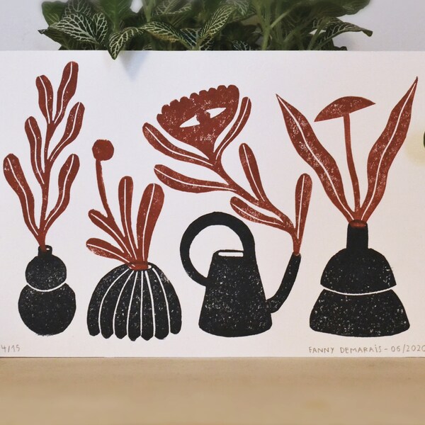 Linocut 2 colors «Vases»