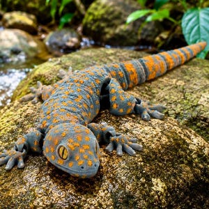 Peut inclure: Une figurine de gecko tokay au corps gris texturé recouvert de taches orange vif. Le lézard présente de grands yeux détaillés et une longue queue segmentée avec des bandes orange, posé sur un rocher moussu près d'un ruisseau.