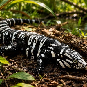 Peut inclure: Un lézard noir et blanc avec un motif contrasté distinct de rayures et de taches couvrant tout son corps, y compris la tête, la longue queue et les quatre pattes, présentant une peau texturée et écailleuse ainsi qu'un œil visible sur le côté.