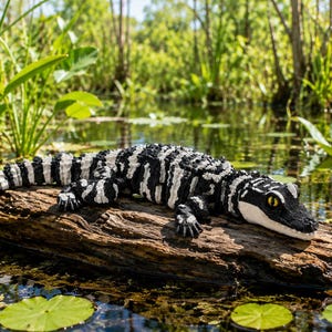 May include: A small alligator figurine featuring a high-contrast black and white striped pattern across its textured body. The reptile has bright yellow eyes and is positioned resting on a brown wooden log, showcasing detailed scales and claws.