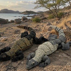 May include: Two articulated lizard figures with segmented bodies. One figure features a black head and limbs with a tan, speckled torso and a black-and-tan banded tail. The other figure has a grey head and limbs with a tan, speckled torso and a grey-and-white banded tail.