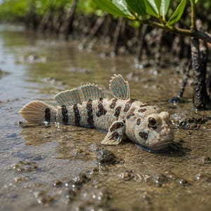 May include: A mudskipper fish with a light tan body and dark brown vertical stripes along its sides. The fish has prominent eyes on top of its head, light blue-tinted fins, and a textured, mottled skin pattern while resting on wet, muddy ground.