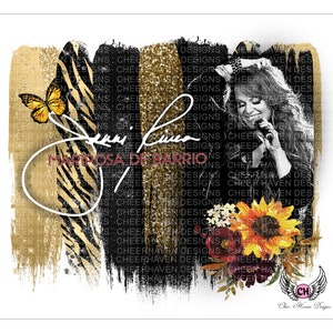 May include: A digital art print featuring a black and white portrait of a woman singing with a microphone. The background is a gold and black abstract design with a butterfly and the text "Mariposa de Barrio".
