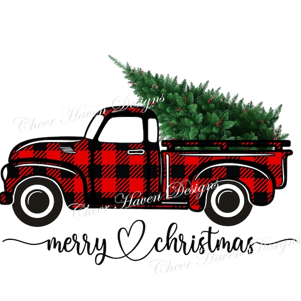 Frohe Weihnachten rot & schwarz karierten Pickup Truck Baum PNG INSTANT digitaler Download jpg Sublimation