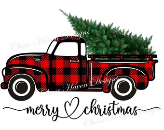 Merry Christmas Red & Black Plaid Pickup Truck Tree PNG INSTANT digital download jpg sublimation