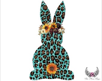 Turquoise Leopard glitter Easter Bunny - Sunflowers - PNG - digital download - HTV - Sublimation