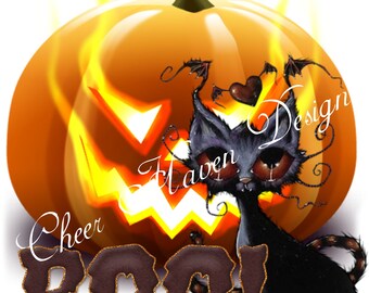 BOO Halloween pumpkin flames black cat Sublimation Digital Download PNG File