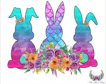 Mermaid scales floral Easter Bunnies - PNG - digital download - HTV - Sublimation
