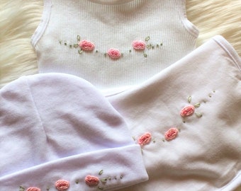 Matching Baby Set, Baby Singlet, Baby Beanie, Coming Home Outfit, Hospital Outfit, Newborn Outfit, Baby Top, Baby Clothing, Rose Set