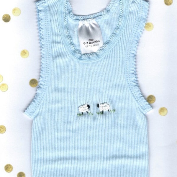 Baby Sheep Singlet, Baby Boy Sheep Singlet, Embroidered Blue Singlet, Handmade Vest, Baby Shower Gift, Nursery Animal Singlet, Boys Clothing