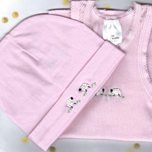 Baby Girl Gift, Pink Singlet, Pink Beanie, Embroidered Baby Set, Baby Girl Coming Home Outfit, Baby Tank Top, Newborn girl, Girl Set, Tops image 1
