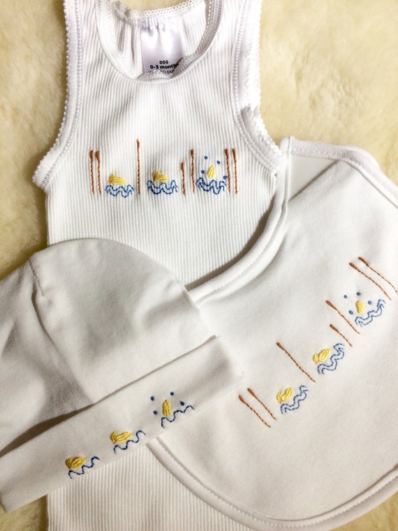 Baby Singlet Bib And Beanie Set Baby Sets Embroidered | Etsy