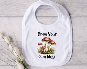 Grow Your Own Way, Mushroom Bib, Forager Bib, Mushroom Baby, Botanical Baby, Nature Baby, Outdoors Baby, Fungi Top, Mushroom Hunter
