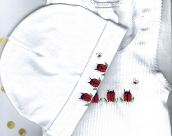 Matching Baby Outfit, Embroidered Ladybug Baby Set, Baby Singlet, Baby Beanie, Coming Home Outfit, Hospital Outfit, Newborn Outfit, Baby Top