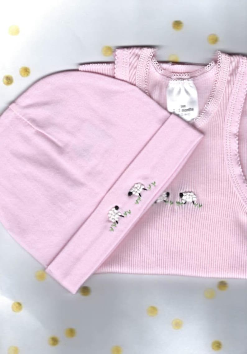 Baby Girl Gift, Pink Singlet, Pink Beanie, Embroidered Baby Set, Baby Girl Coming Home Outfit, Baby Tank Top, Newborn girl, Girl Set, Tops image 1