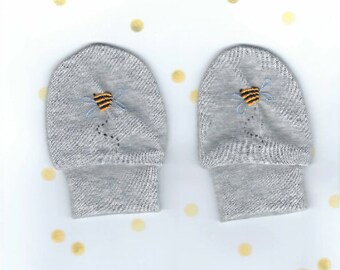 Embroidered Baby Mittens, Grey Mittens, Baby Accessories, Bumble Bee Clothing, Newborn Mittens, Winter Gloves, Baby Warmers, Baby Clothing