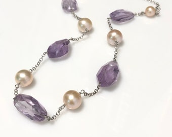 Gorgeous Amethyst and Pink Pearl Necklace, 11mm Freshwater Pearl, Genuine Amethyst, Sterling Silver Chain, Wire Wrapped Station Necklace 18"