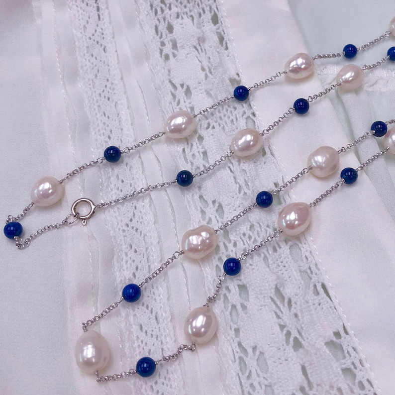 Lapis and Freshwater Pearl Station Necklace in Sterling Silver Rhodium Plated Chain 34 Daily Elegant Jewelry Wholesale Price