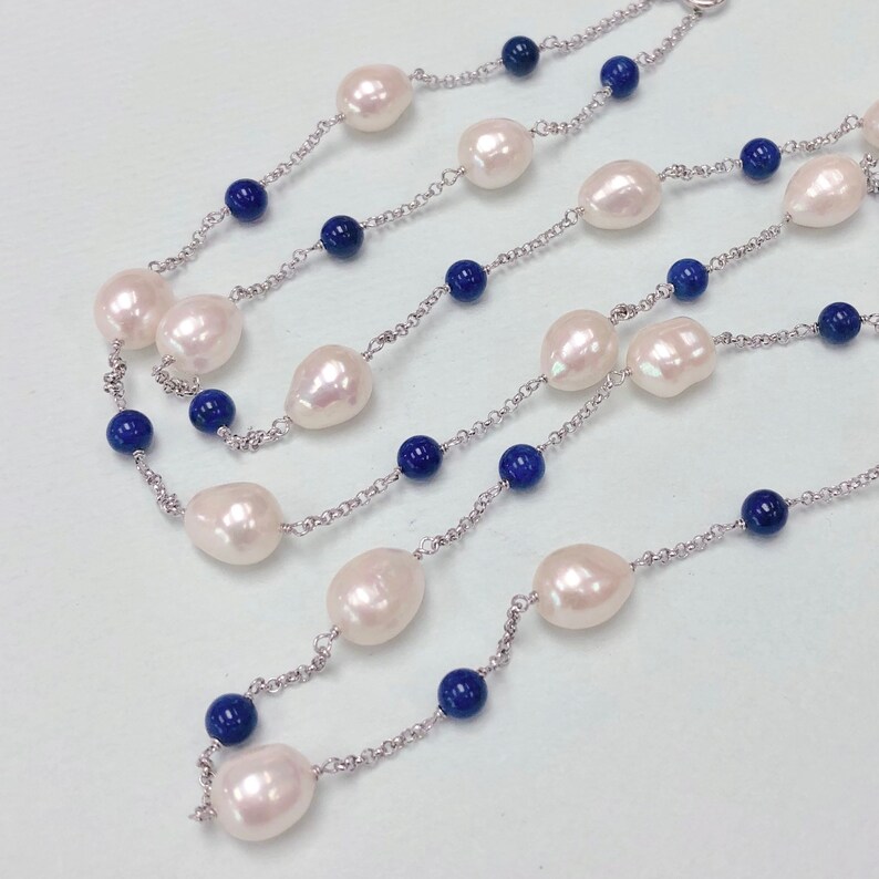 Lapis and Freshwater Pearl Station Necklace in Sterling Silver Rhodium Plated Chain 34 Daily Elegant Jewelry Wholesale Price