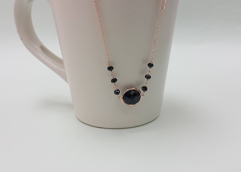 Black Spinel Station Necklace Simple Jewelry Sterling Silver Vermeil Chain Minimalist Big Stone Necklace 16 /& 2 extension