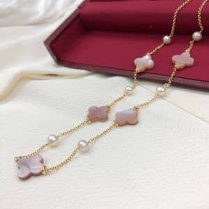 Pink Mother of Pearl Necklace, Clover Necklace, Layering Necklace, Freshwater Pearl Necklace, Station Necklace, Sterling Silver Gold Vermeil