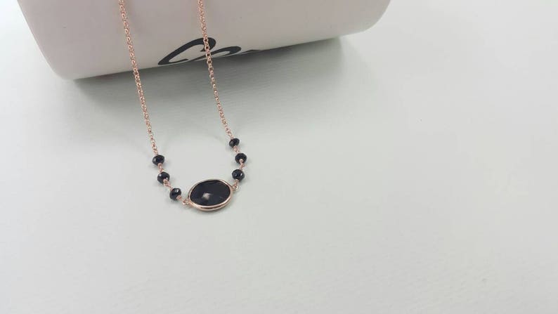 Black Spinel Station Necklace Simple Jewelry Sterling Silver Vermeil Chain Minimalist Big Stone Necklace 16 /& 2 extension