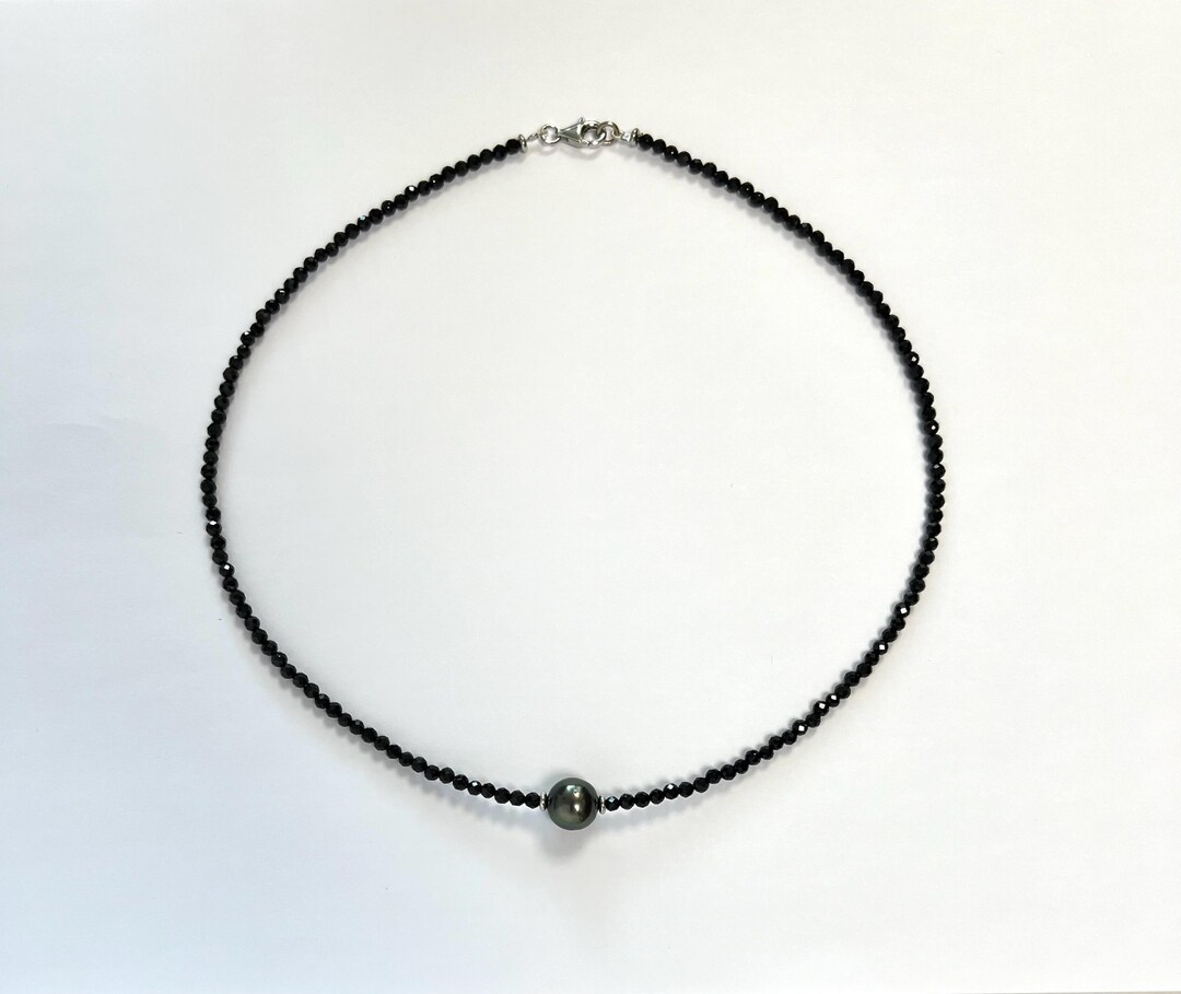 Collier Perles Noires De Tahiti Avec Spinelle - Argent Sterling 925 - Neuf Avec étiquettes