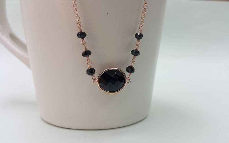 Black Spinel Station Necklace Simple Jewelry Sterling Silver Vermeil Chain Minimalist Big Stone Necklace 16 /& 2 extension
