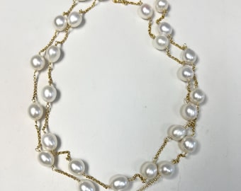 Wholesale Price Elegant Jewelry Freshwater Pearl Drop Shape Pearl in Sterling Silver Gold Plated Chain Station Necklace 36"