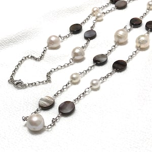 Baroque Pearl Necklace, Mother of Pearl, Black Shell, Sterling Silver Chain, Wire wrapped Necklace, Station Necklace, 36&quot; Wholesale Price