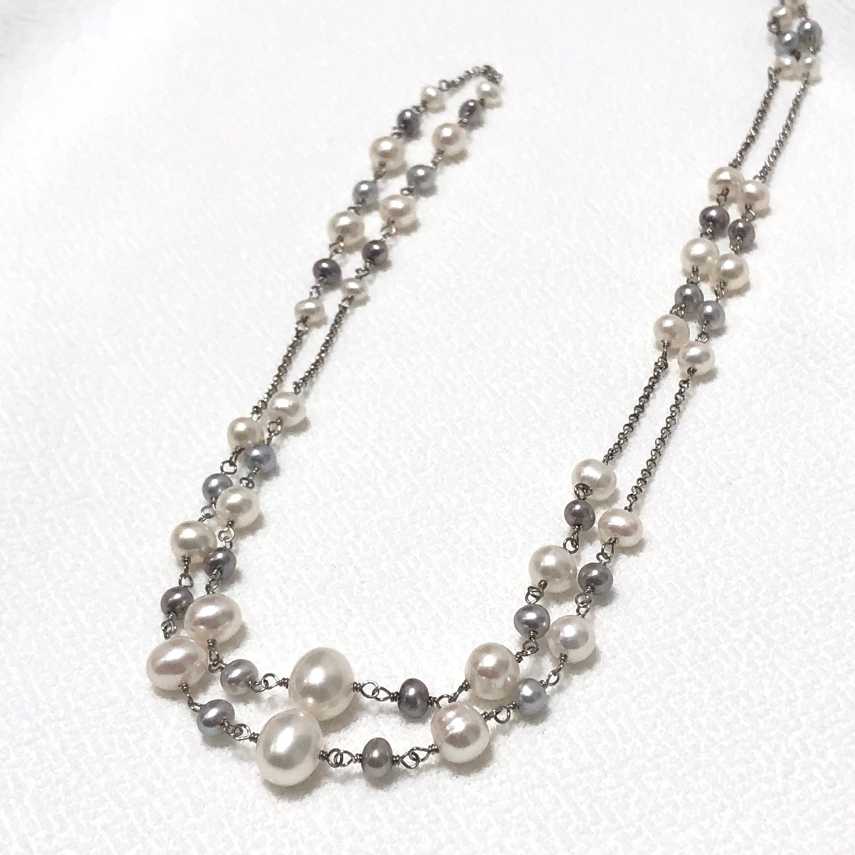 Grey and White Freshwater Pearl Necklace, Sterling Silver Chain, Wire