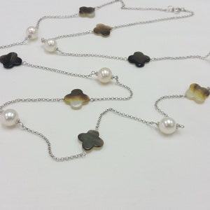 Mother of Pearl, Long Station Necklace, MOP Clover, Sterling Silver Chain, 8mm Freshwater Pearl, 36", Layering Jewelry