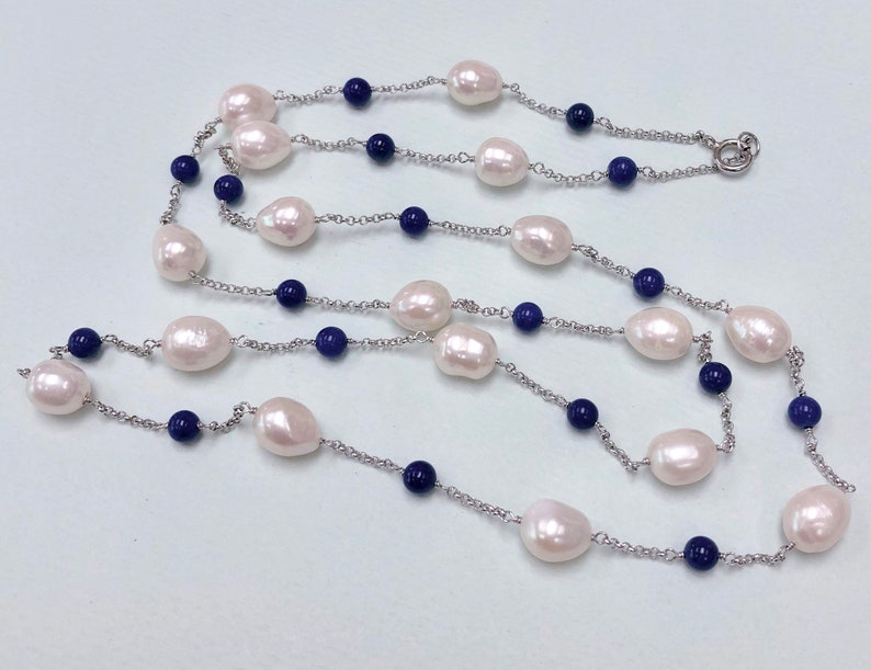 Lapis and Freshwater Pearl Station Necklace in Sterling Silver Rhodium Plated Chain 34 Daily Elegant Jewelry Wholesale Price