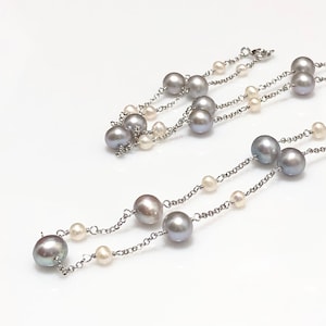 Freshwater Pearl Necklace, Station Necklace, Grey Round Pearl, Sterling Silver Necklace 34&quot;, Perfect Gift