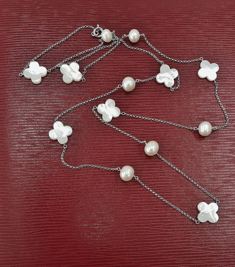 Mother of Pearl, Long Station Necklace, MOP Clover, Sterling Silver