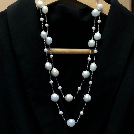 Cultured Freshwater Pearl Bib Necklace with Shell Sterling Silver, Adjustable Cultured Freshwater Pearl Bib Necklace with Shell Sterling Silver, Adjustable