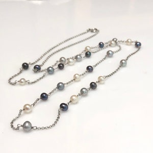 Grey Pearl, Black Pearl, Freshwater Pearl Necklace, Tahitian, Sterling Silver Station Necklace, Mixed Color Necklace, Wholesale price