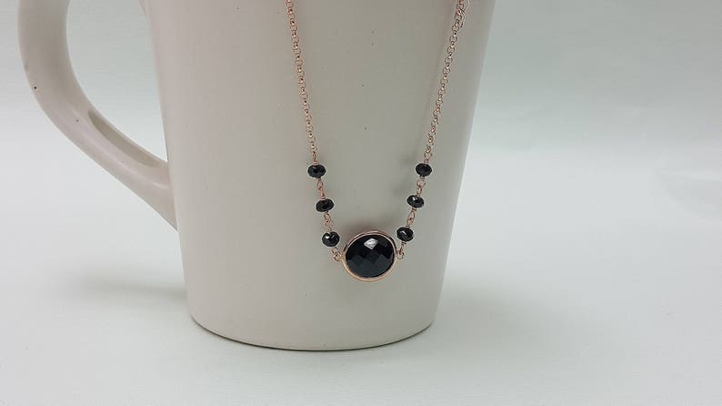 Black Spinel Station Necklace Simple Jewelry Sterling Silver Vermeil Chain Minimalist Big Stone Necklace 16 /& 2 extension