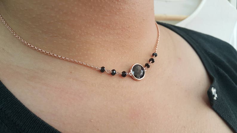 Black Spinel Station Necklace Simple Jewelry Sterling Silver Vermeil Chain Minimalist Big Stone Necklace 16 /& 2 extension