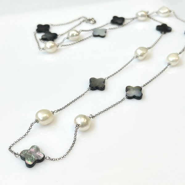 Clover Necklace, Baroque Pearl, Mother of Pearl, Tin Cup, Long Necklace, Black Shell, Sterling Silver Wire-wrapped 36", Layered Necklace