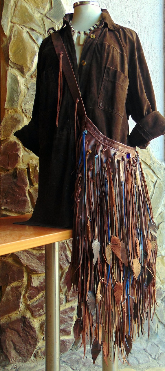 Crossbody Dark Brown Bag. Native American. Fringed Leather. | Etsy