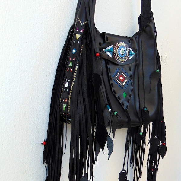 Black Crossbody Fringed Leather Bag.Boho Fringes.Leather Fringes. Native American Inspired.Handmade Leather Bag.Hippy.Festival.Boho Fringed.