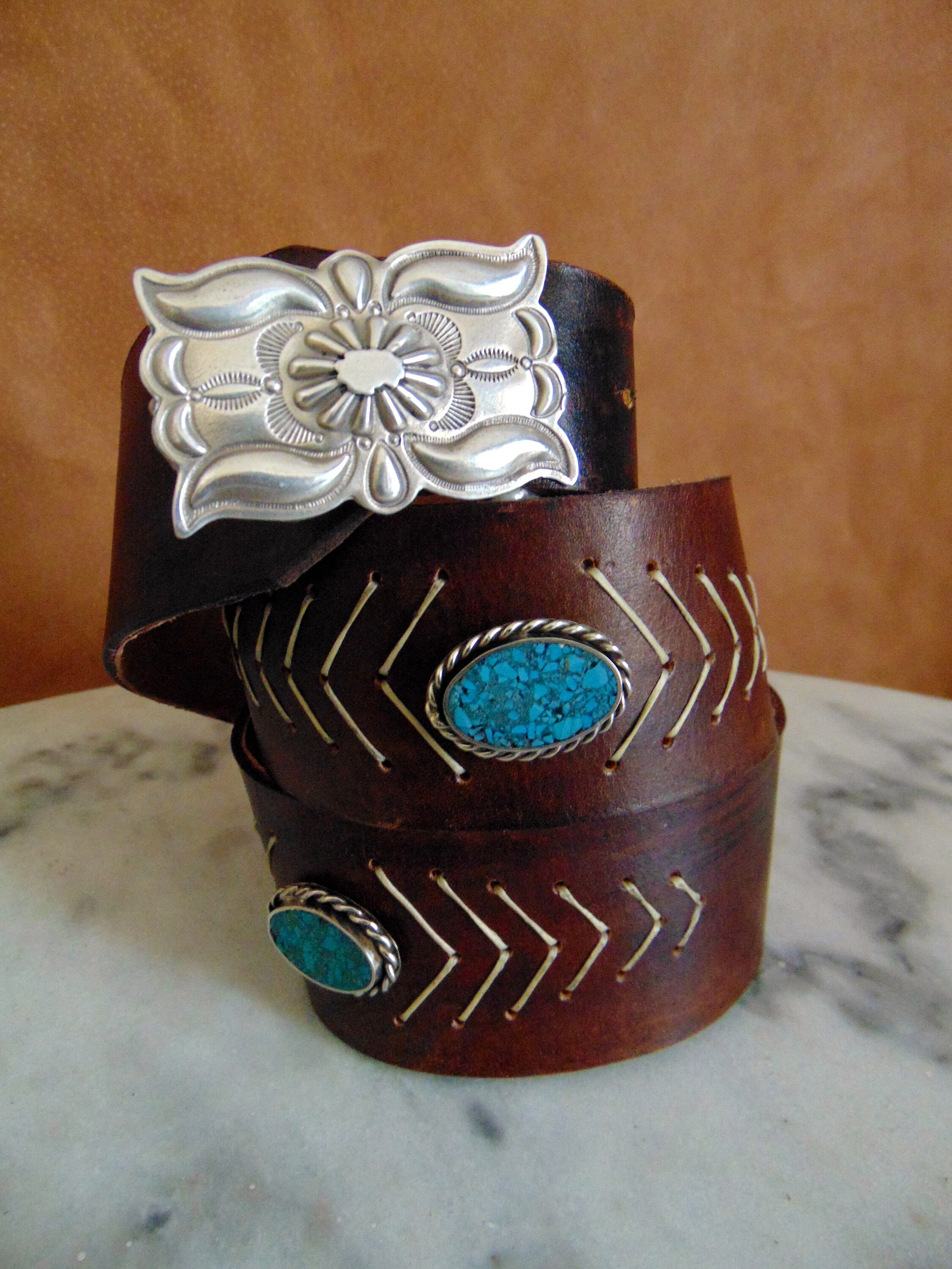 Brown Sterling Silver Belt. Vintage Leather.handmade  display picture 2