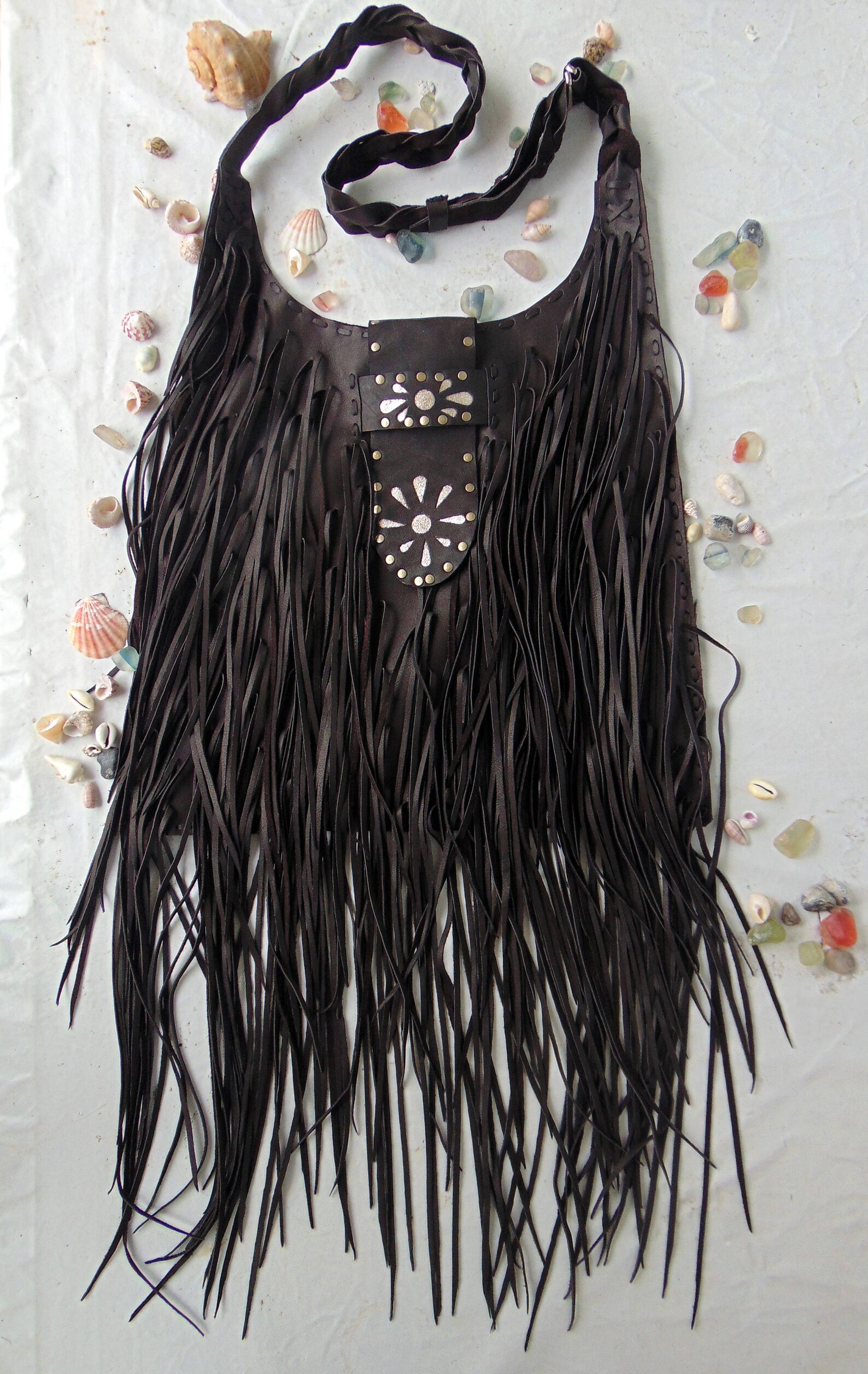 Black Crossbody Leather Bag.Boho Fringed Leather. Shoulder Etsy
