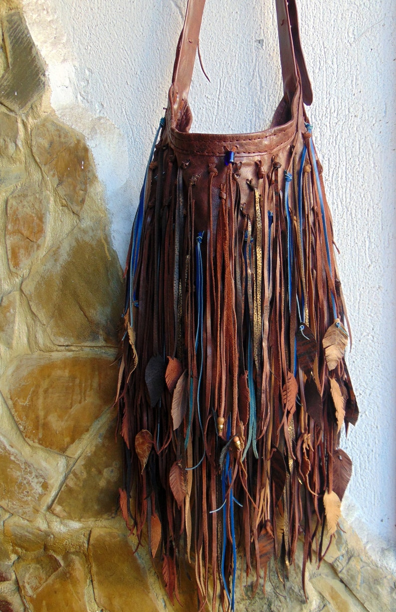 Crossbody Dark Brown Bag. Native American. Fringed Leather. | Etsy