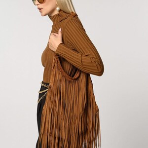 Brown Fringed Faux Suede Shoulder Bag Willer