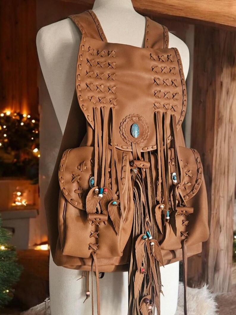 Brown Backpack. Handmade Native American Inspired. Boho Fringed ...